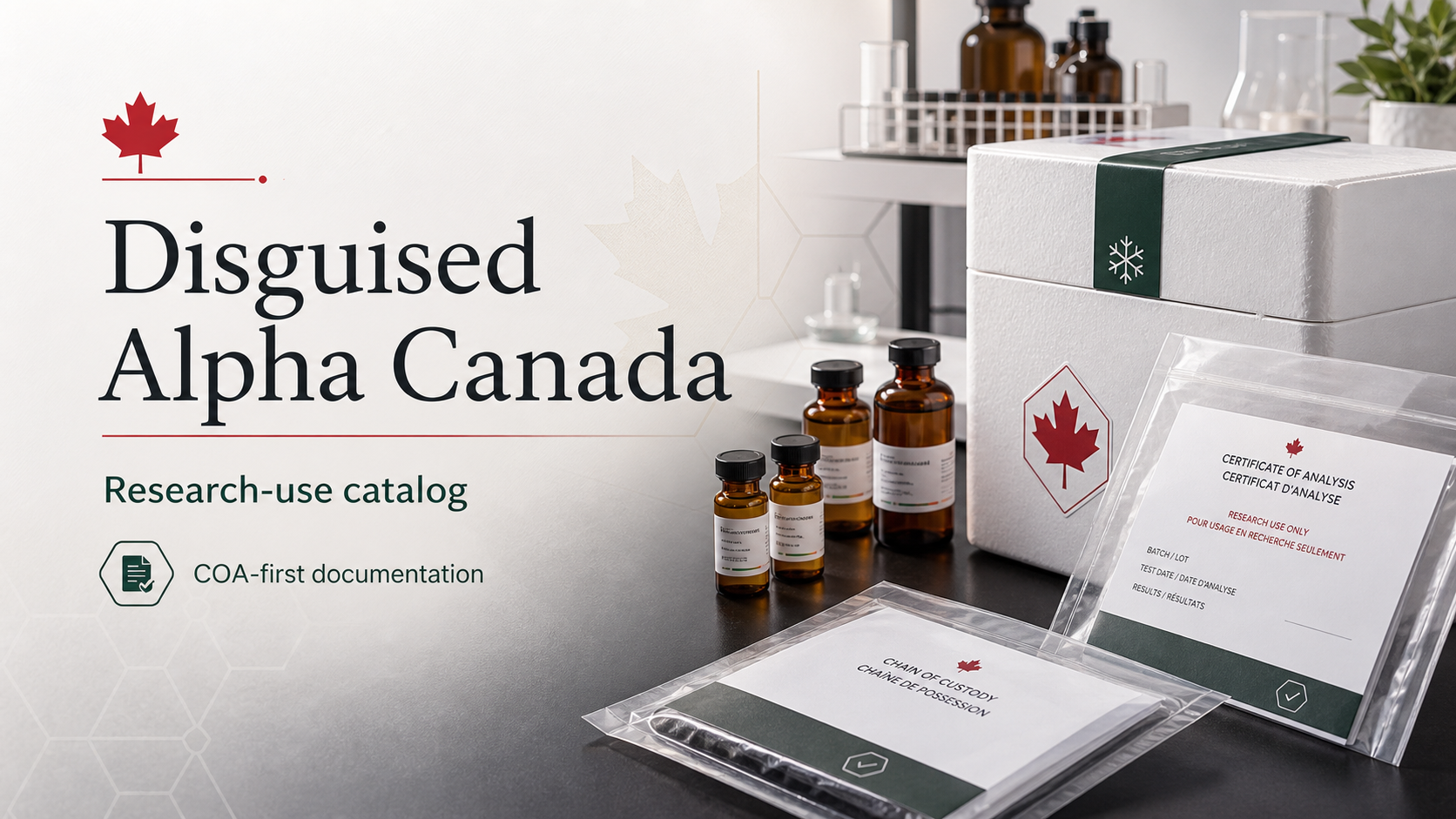 Laboratory research catalog visual with sealed COA documents and Canadian cues